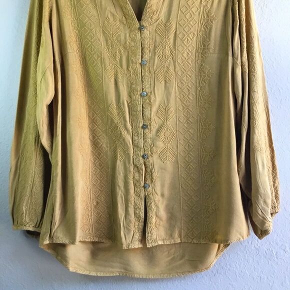 Mustard long sleeve embroidered button down shirt western peasant 1800s saloon S - Picture 3 of 8